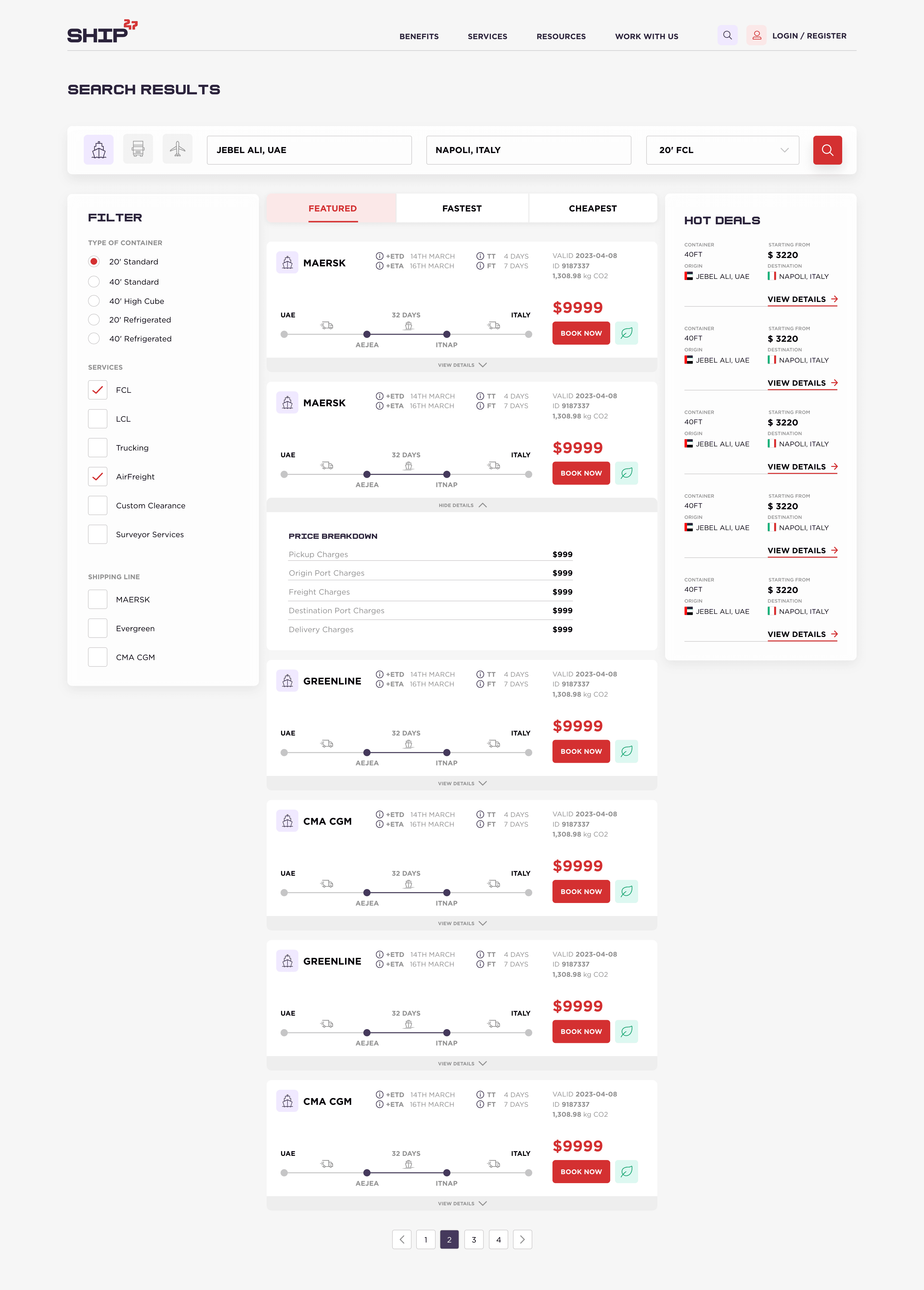Ship247 desktop search results with filters and quotes