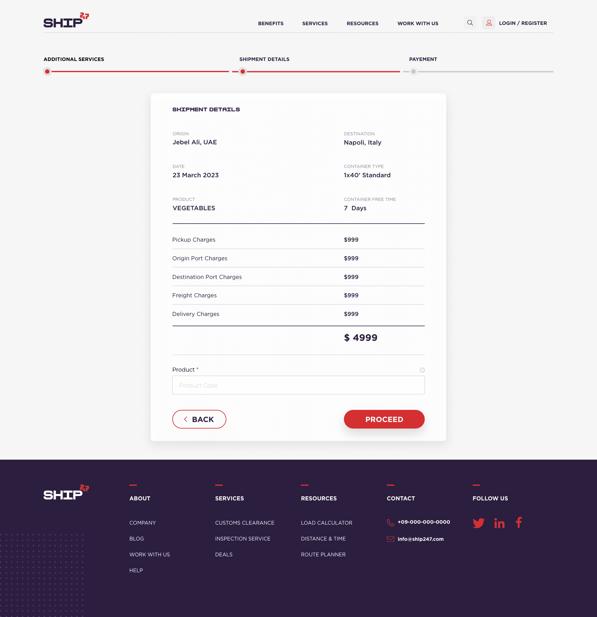 Ship247 additional services booking step